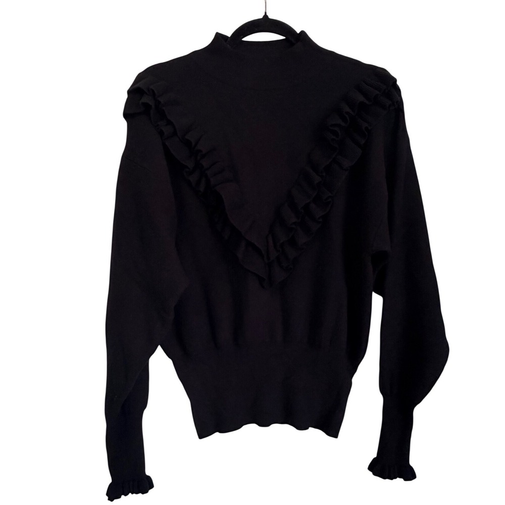 Zara Knit Black Ruffle V-Neck Mock Neck Sweater Long Sleeve Size S Minimalist
